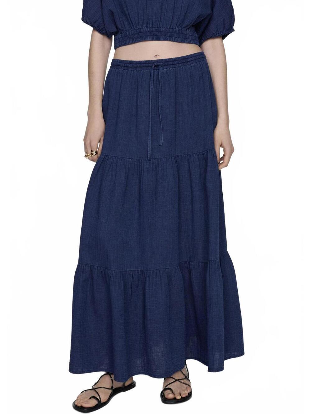 Mango Long Cotton Flared Skirt Night Blue NWT Large